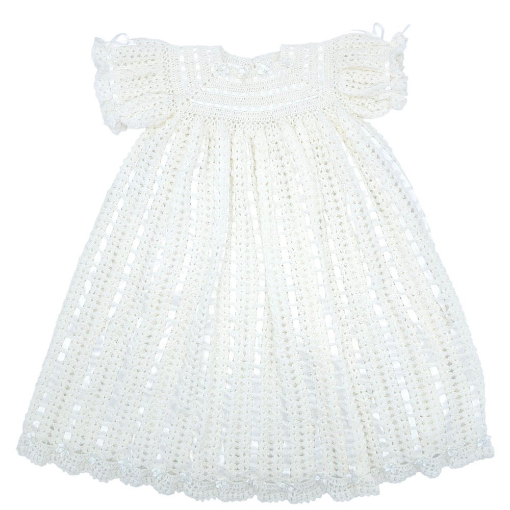 Handmade Vintage Crochet Christening Gown Ivory Ribbon Floral Baptism Dress